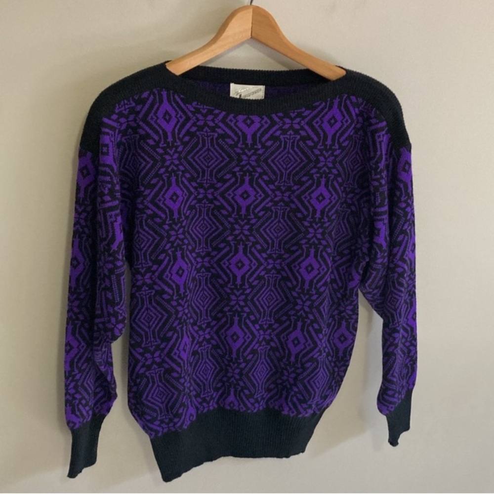 Vintage Transfomer Purple and Black Patterned Sweater, Size Medium, acrylic - Picture 2 of 8